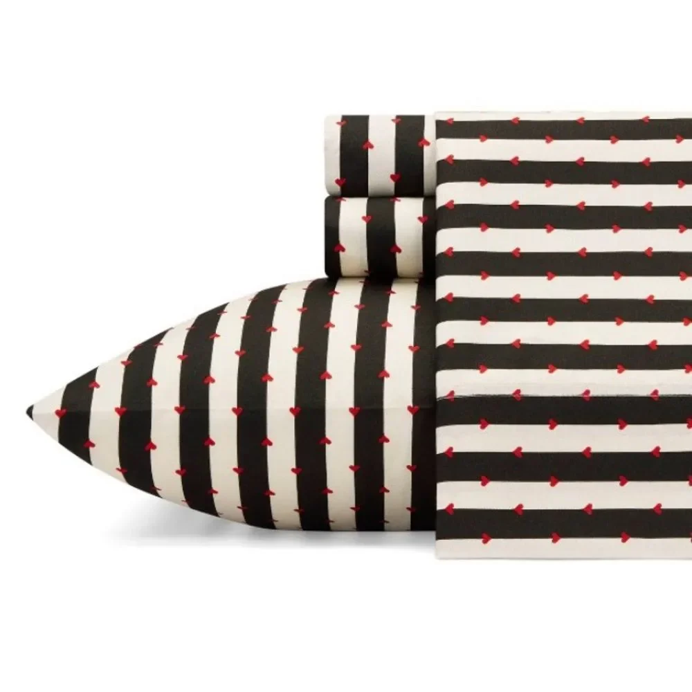 Betsey Johnson Black Ivory Wonderland Striped Heart Twin Size Bed Sheet Set NWT